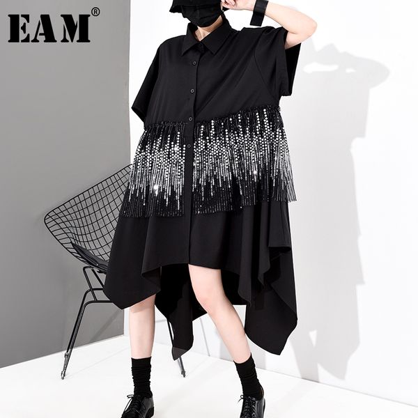 

casual dresses [eam] women black sequins taseels big size shirt dress lapel half sleeve loose fit fashion tide spring autumn 2021 1s052, Black;gray
