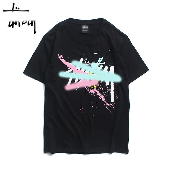 

european american street fashion stussys trend couples man and women loose printed tshirt cotton round neck short tee tshirt, White;black