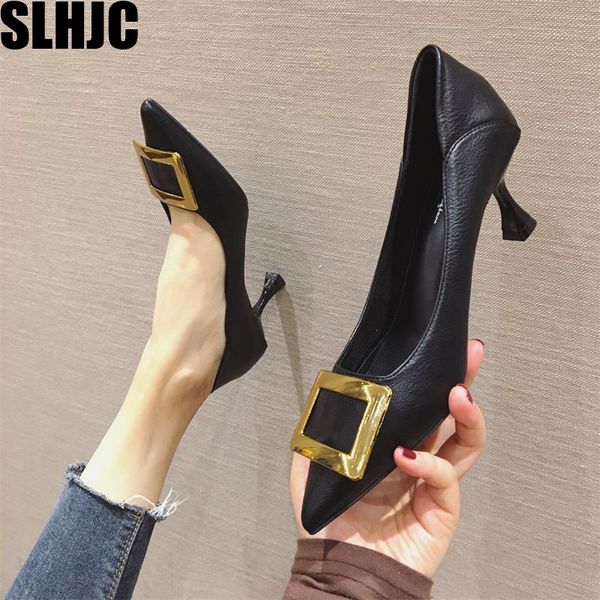 

slhjc 7 cm high heel shoes women fashion pointed toe slip on stiletto heels pumps party office lady leather shoes, Black