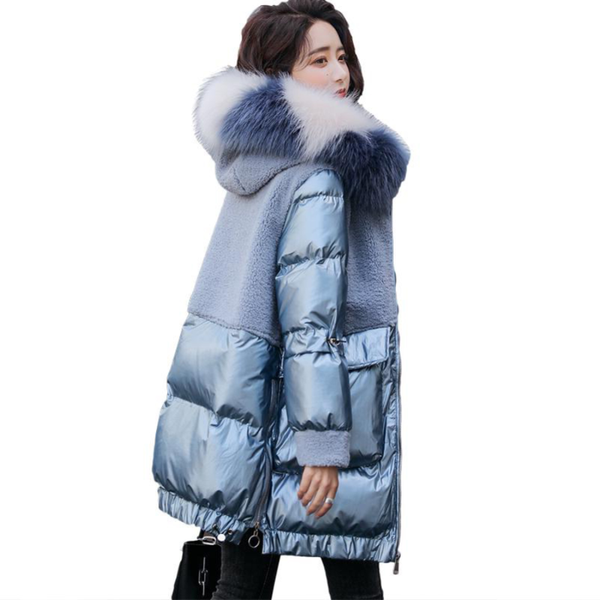 

winter big fur collar parkas women warm hooded down jacket coat female stylish shining fabric lambswool splice cotton overcoat, Black