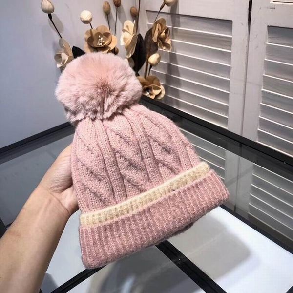 

2019 fashion knitting cotton hats women men winter warm pink beige long hats with pink hair ball hat with box, Blue;gray