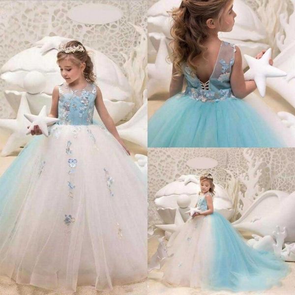 

2020 wathet ball gown flower girls dresses appliques girls pageant dresses jewel tulle girls party gowns, White;blue