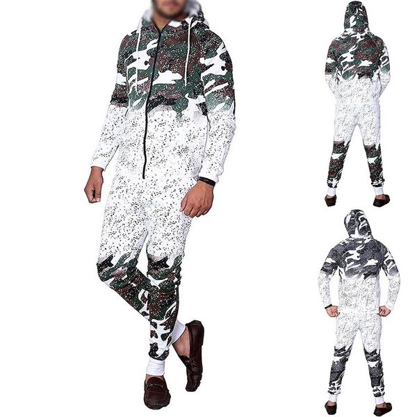 

heflashor 2018 autumn new men 2 pieces set casual cardigan hooded sweatshirt pants suits fashion camouflage print tracksuit, Gray