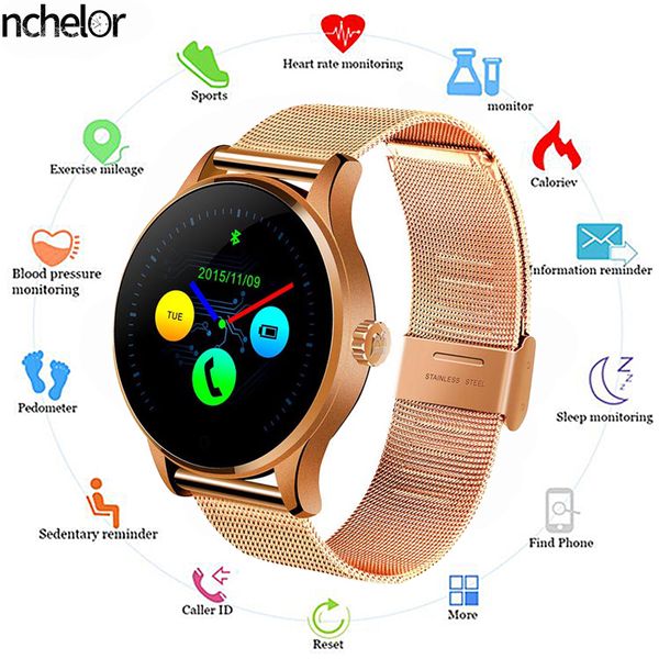

fashion smart watch stainless steel leather strap heart rate pedometer smartwatch wristwatch wrist watches for women men, Slivery;brown