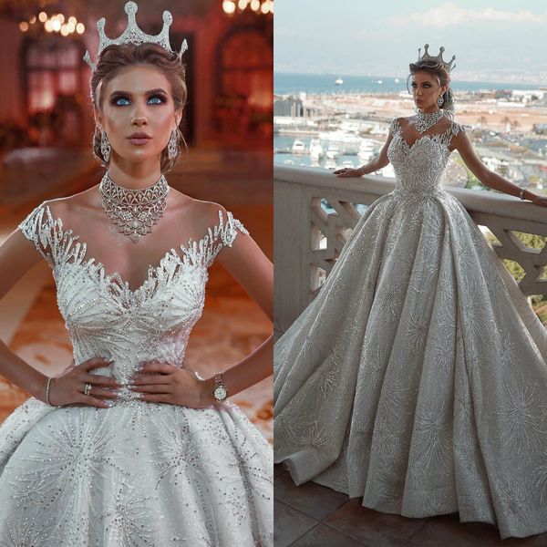 

2020 luxury ball gown wedding dresses appliques crystal beaded strapless wedding dress bridal gowns sweep train custom made robes de mariÃ©e, White