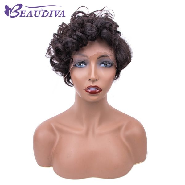 

natral black curly lace front human hair wigs remy brazilian virgin hair short human hair wigs for women beau diva, Black;brown