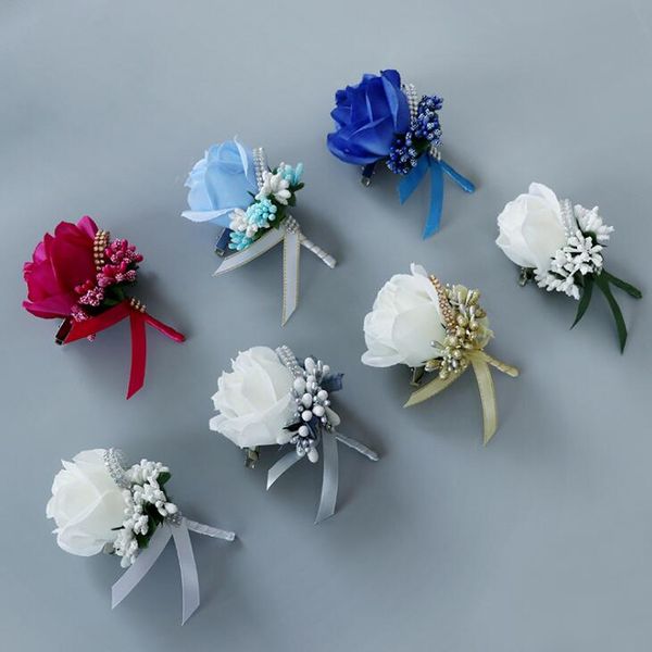 Avorio Rosso Best Man corpetto per Groom groomsman seta rosa fiore abito da sposa Boutonnieres accessori pin spilla decorazione LX2104