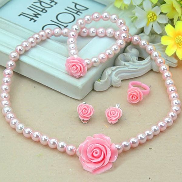 

1 set fashion kids girls child pearl flower shape necklace bracelet ring ear studs clips jewelry set gift sale, Silver