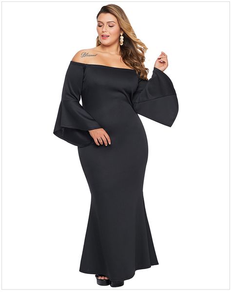 

xl 2xl 3xl 4xl 5xl plus size elegant women off shoulder flare sleeve maxi dress bodycon long party dresse dlm611213, White;black