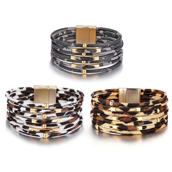 Womens Antigo Leopardo Impressão de Metal Metal Magnética Fivela De Cuff Bangle Europeia América Moda Pulseira De Couro Jóias Atacado