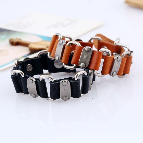 

geometric link bracelet first layer cowhide jewelry japanese korean men's women's leather bracelet jewelry accessories, Golden;silver