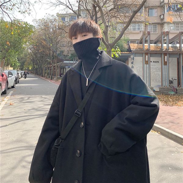 

winter men's woolen blends overcoat male loose cashmere long parkas windbreaker wool trench business coat cotton-padded clothes, Black