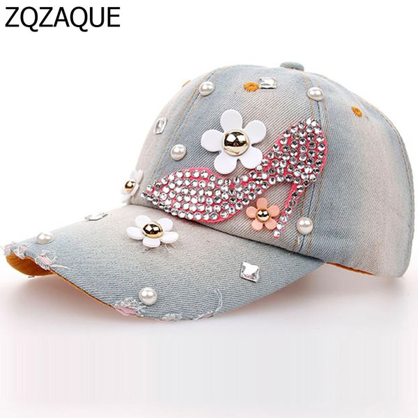 

new arrival women denim baseball caps flower decor manual drill high heel shoe pattern hip hop hats for girls accessories gifts, Blue;gray
