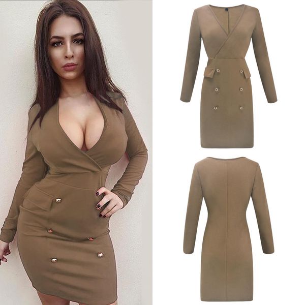 

womens autumn bodycon dress deep v-neck buttons designer clothes pencil dress work ol, Black;gray
