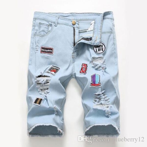 

2019 new style mens fashion high street hole patch pants stretch denim mens jeans shorts sale, Blue