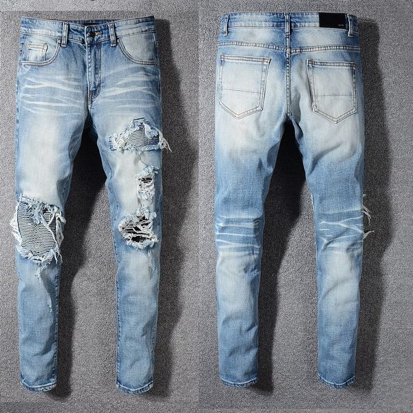 

mens distressed ripped biker brand jeans slim fit motorcycle biker denim for men fashion designer jeans hip hop mens jeans good quality, Blue