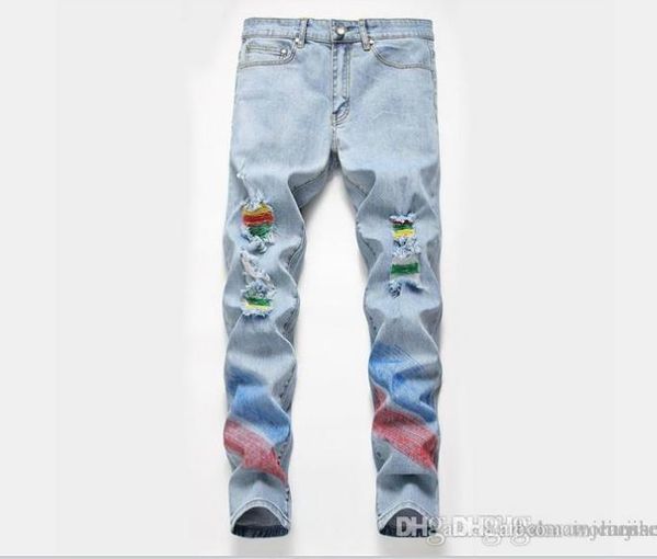 

printed ripped jeans fashion summer zipper pencil pants casual mid waist jeans mens pants mens designer striped, Blue