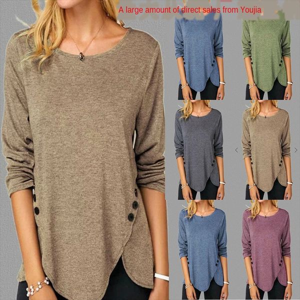 

2019 нерегулярных кнопки кнопка рубчика свободные длинный рукав случайных женских 2019 кнопок нерегулярной футболки пуговиц рыхлый длинный р, White