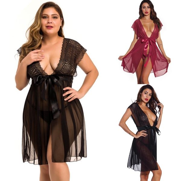 

women open front scalloped plunging lace & mesh babydoll with g-string and sash belt black maroon plus size s-4xl valentine's sleepwear, Black;red