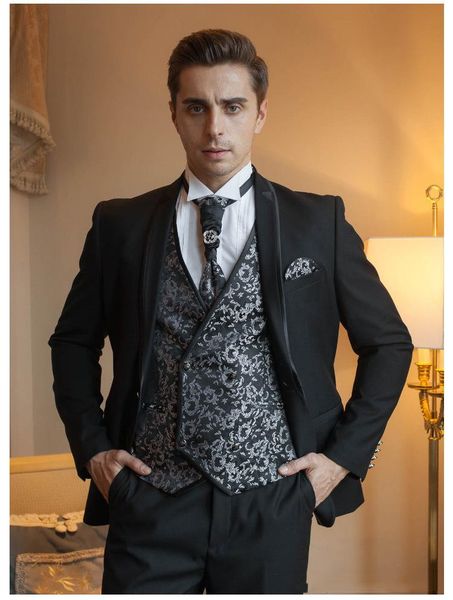 

handsome groomsmen shawl lapel groom tuxedos mens wedding dress man jacket blazer prom dinner 3 piece suit(jacket+pants+tie+vest) b249, Black;gray