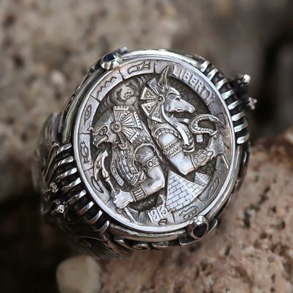 

vintage silver ancient egyptian god pharaoh ring horus anubis wanderer ring domineering personality fashion men's ring, Golden;silver