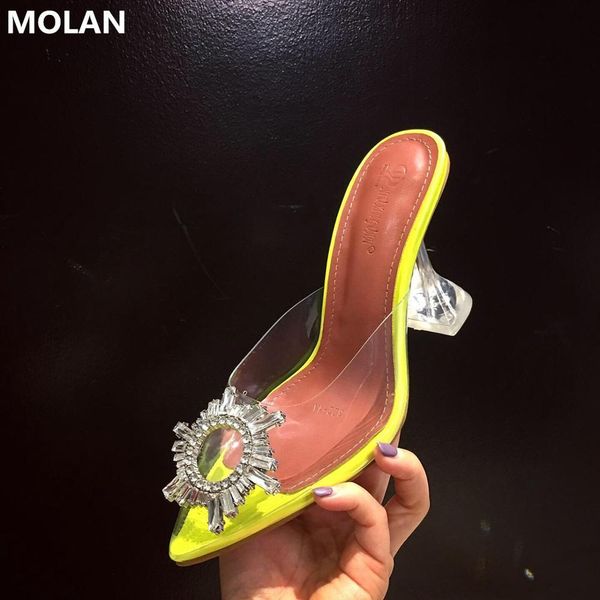 

molan brand designers 2020 spring luxury bling rhinestone buckle flower high thansparent heels pumps slip on loafers mules 35-41, Black