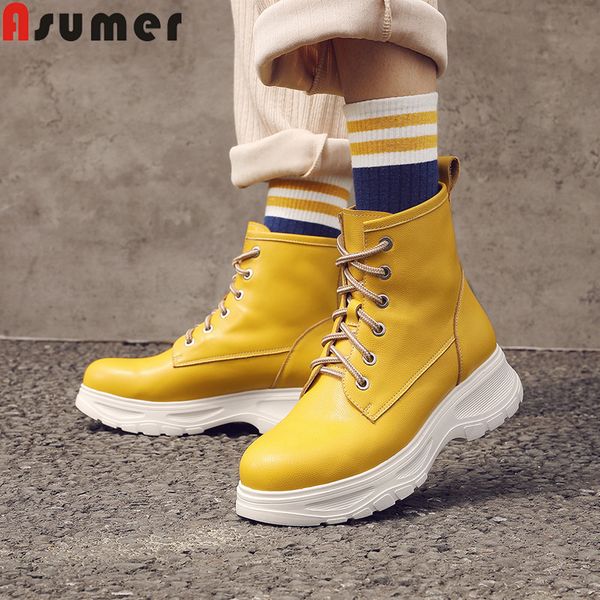 

asumer big size 34-43 fashion autumn winter genuine leather boots women round toe lace up ankle boots flat platform ladies, Black