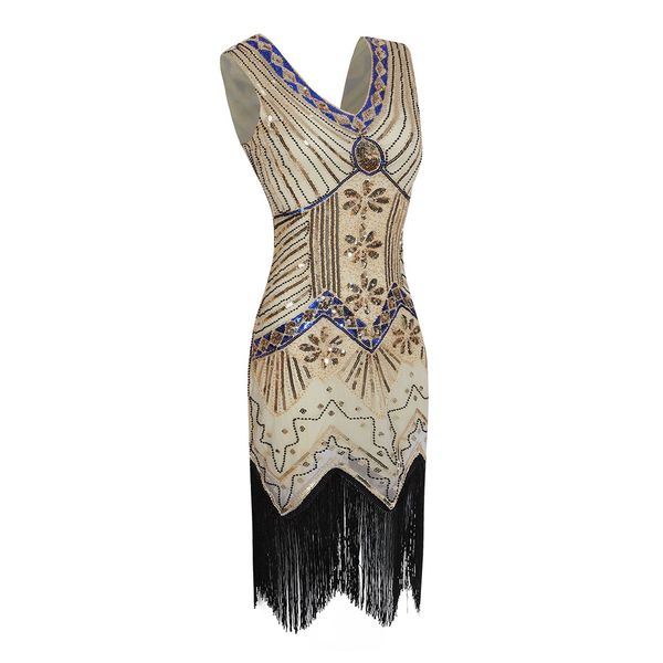 

women party dresses v neck robe tassel flapper sequin sleeveless midi dress vestido summer retro dress casual, White;black