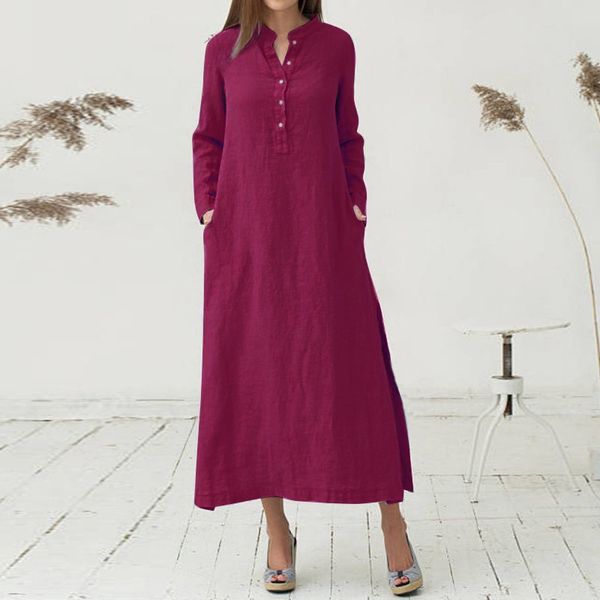 

women casual long dress long sleeves side pockets slit vintage maxi robe vestido maxi vintage vestidos largos, Black;gray