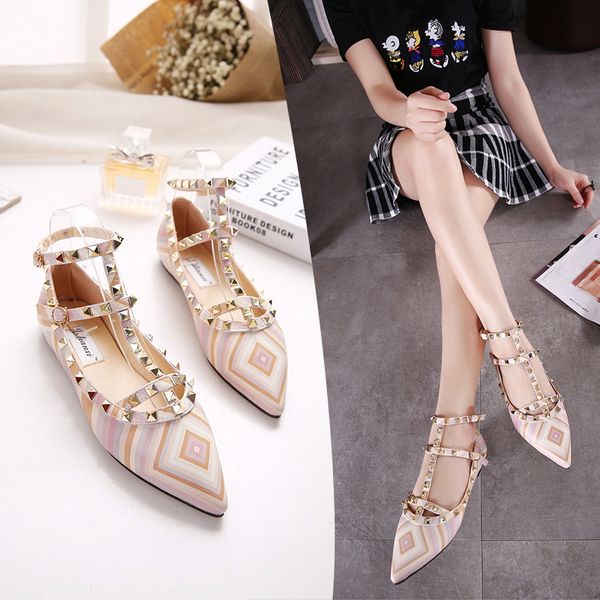 

34-43 large size europe and the united states foreign trade striped colorful color matching buckle rivet pointed flat shoes, Black