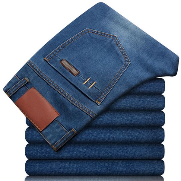 

fashion men's cultivate straight jeans solid color business casual denim, Blue