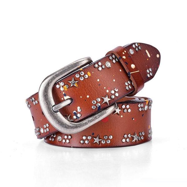 

fashion designer graffiti belts woman chastity belt leather waist straps luxury stars adorn waistband hip hop jeans dress belt, Black;brown