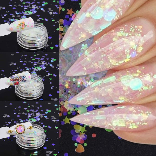 

1box ab glitter mermaid nail flakes sequins mixed star heart round shape paillette nail art polish holographic decor tips, Silver;gold