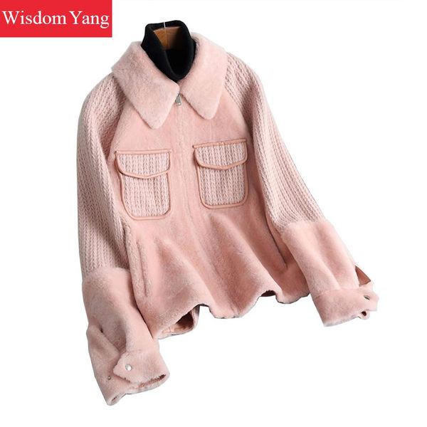 

winter warm genuine leather sheepskin shearing coat beige pink blue jackets coat womens ladies sweater coats overcoat outerwear, Black