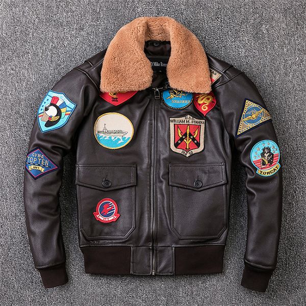 

g1 air force flight bomber cow leather jackets pilot flying jackets thick down leather suits with lamb fur collar, Black