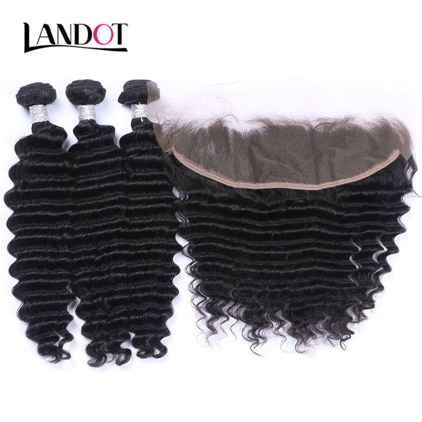 Lace frontal Closures com 3 Pacotes onda profunda peruana Tece cabelo encaracolado Humano Brasileiro Malásia indiana Virgem Remy cabelo pode Bleach Dye