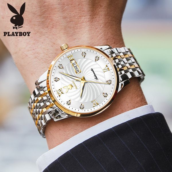 

a generation of european and american popular brand playboy watch brand automatic mechanical watch waterproof mens watch mens, Slivery;brown