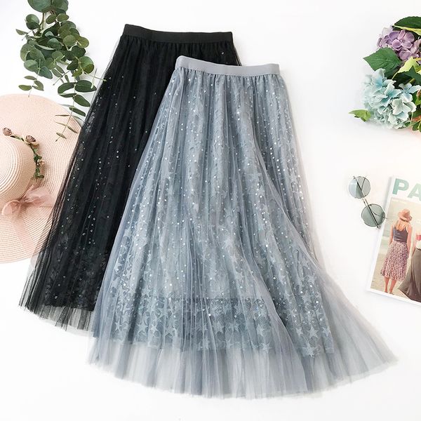 

пятиконечная кружевная юбка star 2019 весенние и летние bling звездные звезды с вышивкой и блестками в сеточку юбка на половину длины, Black