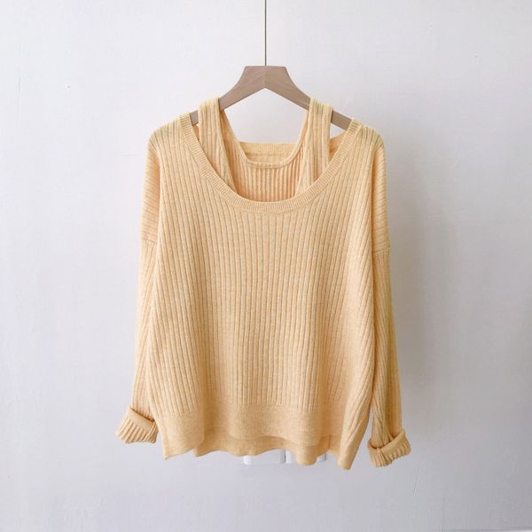 

women loose 2pieces sweaters(outside long sleeve +vest) knitwear female solid color knitted pullovers ladies 2019, White;black