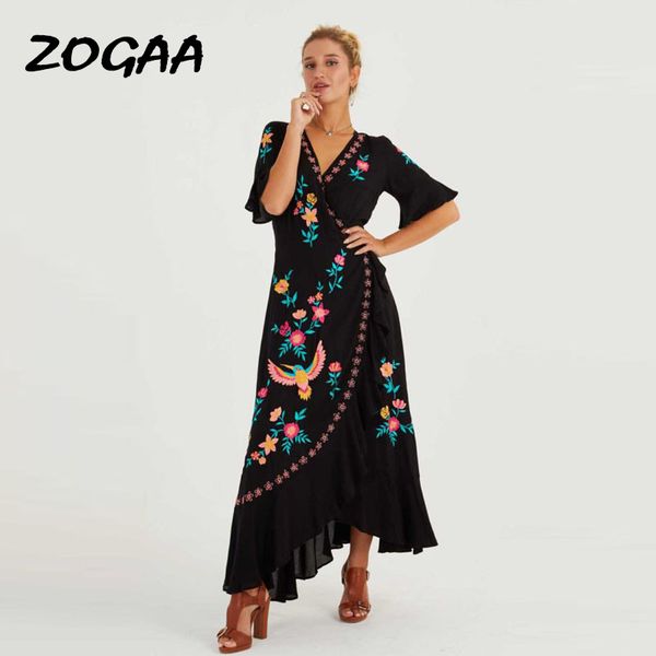

zogaa 2019 bohemian new summer dresses plus size embroidered ruffles spliced long dress v neck asymmetrical beach dress, Black;gray