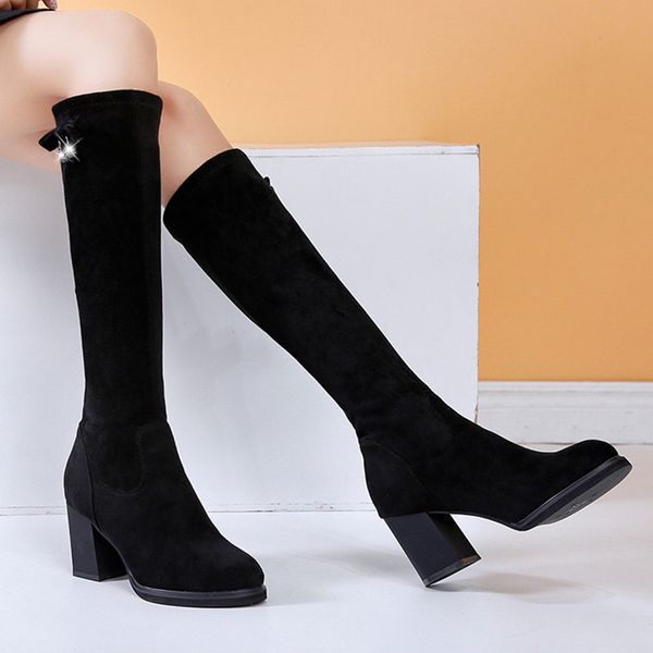 

boots women solid round toe slip-on crystal diamond boots knee-high shoes woman flock round toe chunky heels bota feminina, Black
