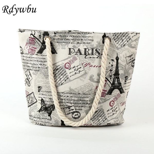 

paris tower shell printing canvas beach shoulder bag women's creative rope shopping bag big summer tote handbag b103 t200116