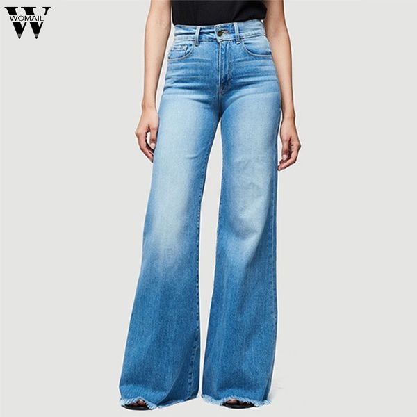 

womail wide leg jeans for women mom flare pants with hight waisted stretch full length jean denim button casual female jeans, Blue