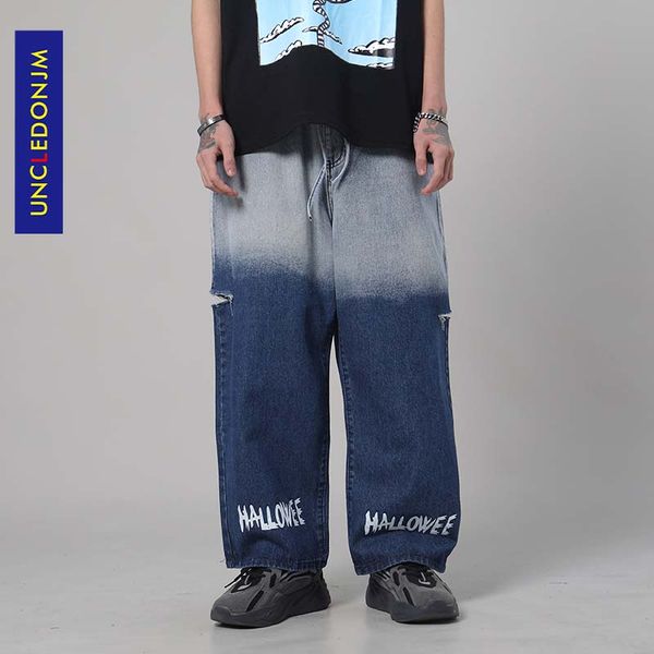 

uncledonjm biker jeans mens jeans graffiti print casual baggy damaged denim hip hop streetwear pants men an-c048, Blue
