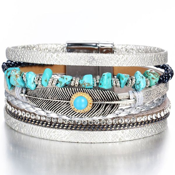 

diezi bohemian men acrylic pu leather wrap bracelets for women magnet buckle sports feather stone rhinestone bracelets bangles, Silver