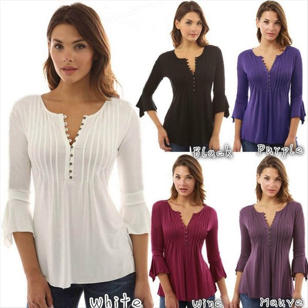 

v-neck casual seven-point trumpet sleeve plus-size pleated female v-neck casual seven-point trumpet sleeve plus-size pleated female, White