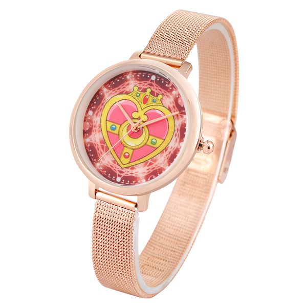 

popular sailor moon quartz watch women stainless steel/leather strap wristwatches analog clock gifts for women girls, Slivery;brown