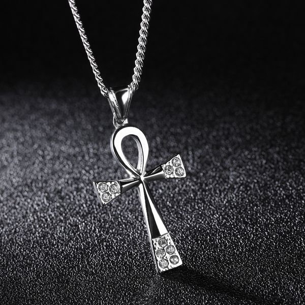 

crystal key to life egypt cross necklaces for men steel/gold/black color stainless steel prayer ankh pendant jewelry 22" chain, Silver