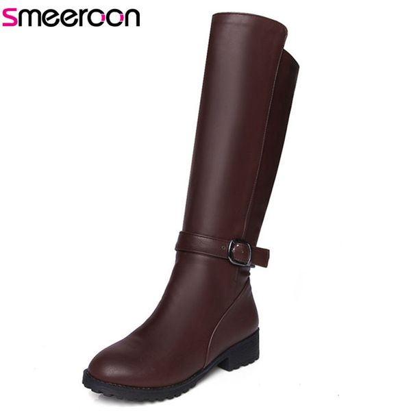 

smeeroon new arrival round toe med heels autumn winter boots zip+buckle women boots knee high for women prom shoes, Black
