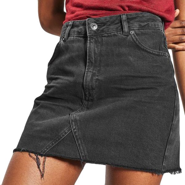 

new arrival fashion women's high waist casual a-line denim distressed bodycon short jean skirt blue/blak color *30, Black